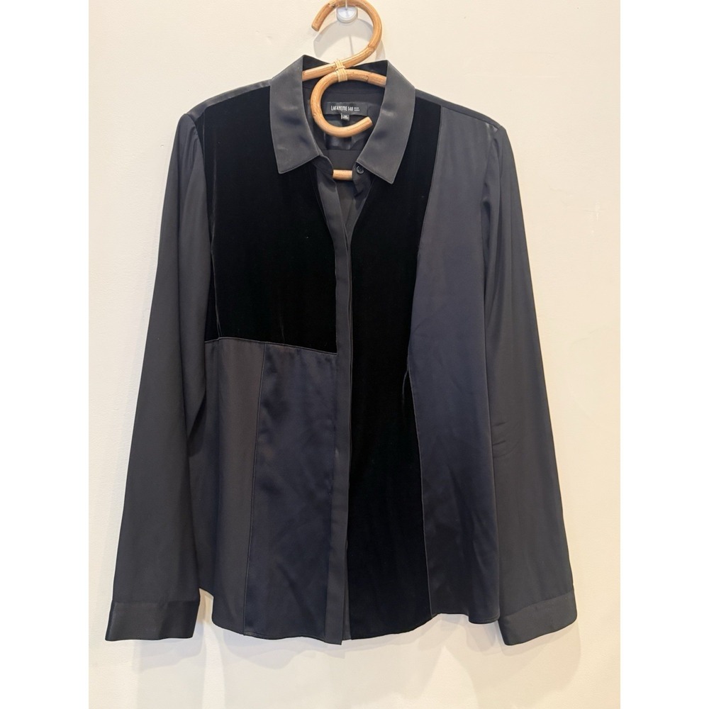 Lafayette 148 New York Mixed-Media Silk and Velvet Patchwork Blouse Women's S 12